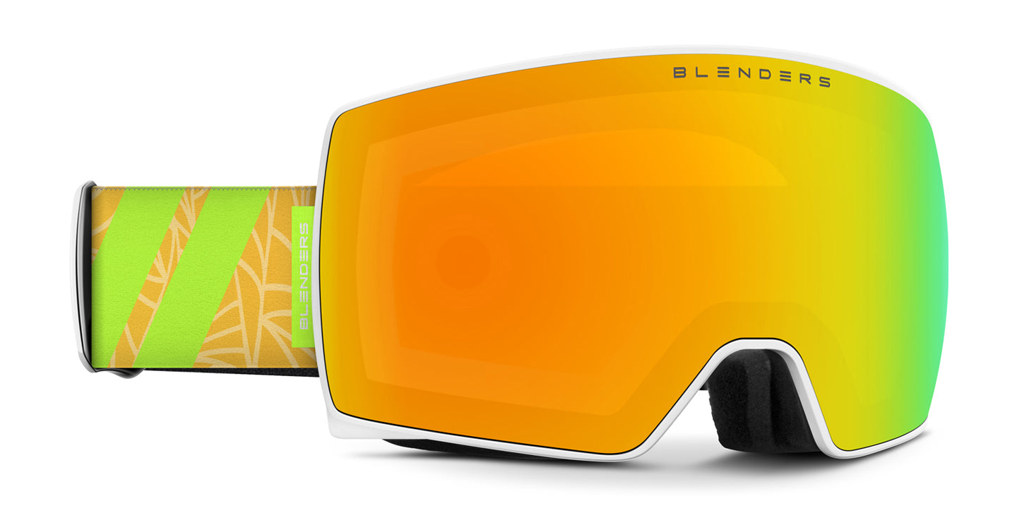 Bright Promise | Nebula Snow Goggles - White Frame With Lime & Yellow Strap & Sky Gold Easy Swap Magnetic Lens