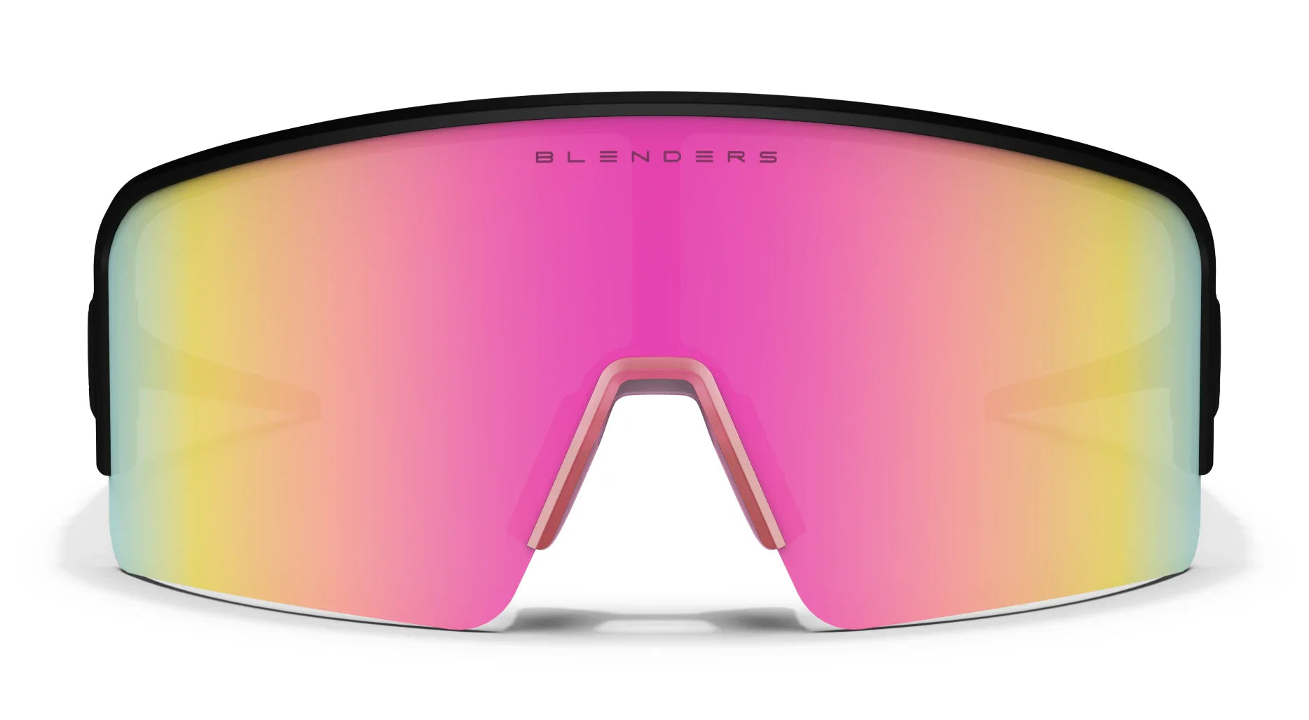 Miss Hannah Wrap Around Sunglasses - Polarized Full Shield Pink Lens & Matte Black Rubber Frame Sunglasses | $58 US | Blenders Eyewear