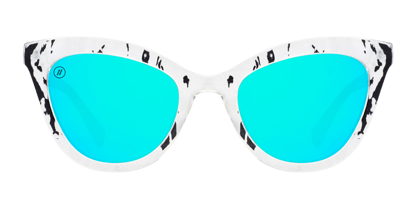 Atlantic Chill Cat Eye Sunglasses - Polarized Blue Mirror Lens With Oversized Mother Of Pearl Print Frame Sunglasses | $58 US | Blenders Eyewear