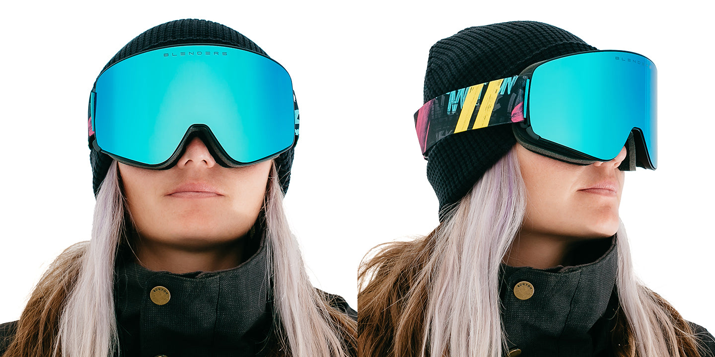 Arctic Motion | Aura Snow Goggles - Matte Black Frame With Black, Purple & Teal Strap & Arctic Blue Easy Swap Magnetic Lens Snow Goggles | $95 US | Blenders Eyewear