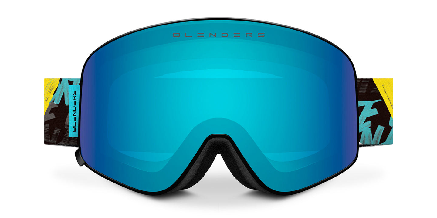 Arctic Motion | Aura Snow Goggles - Matte Black Frame With Black, Purple & Teal Strap & Arctic Blue Easy Swap Magnetic Lens Snow Goggles | $95 US | Blenders Eyewear