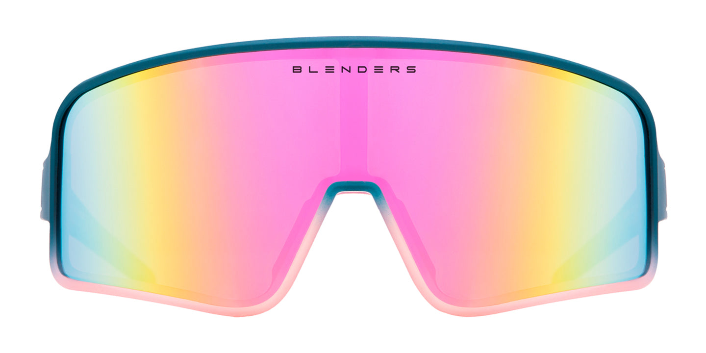 Destiny Love Polarized Sunglasses - Solid Blue To Half Transparent Pink Wrap Around Frame & Pink Mirror Single Lens