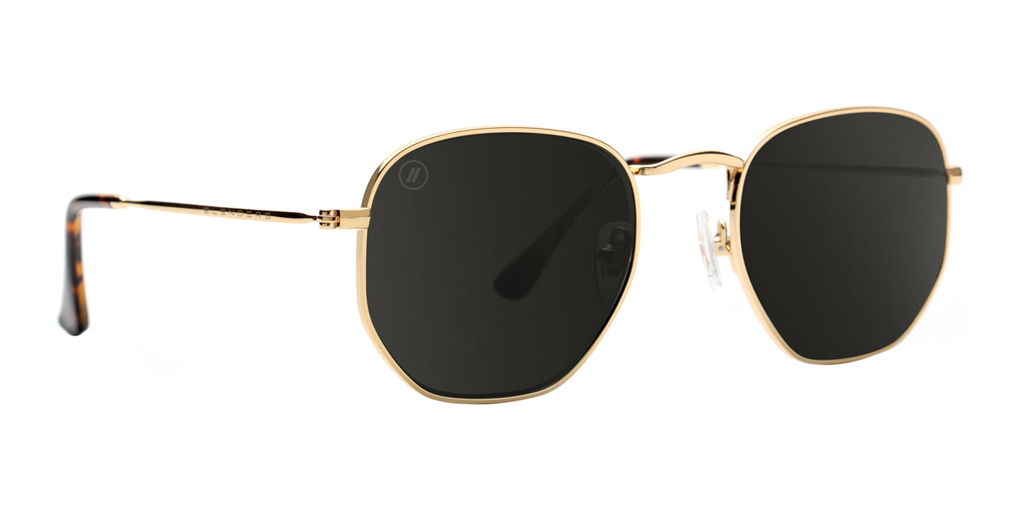 Whiskey Shiner Hexagon Sunglasses - Gold Wire Frame & Smoke Colored Flat Lens Sunglasses | $58 US | Blenders Eyewear