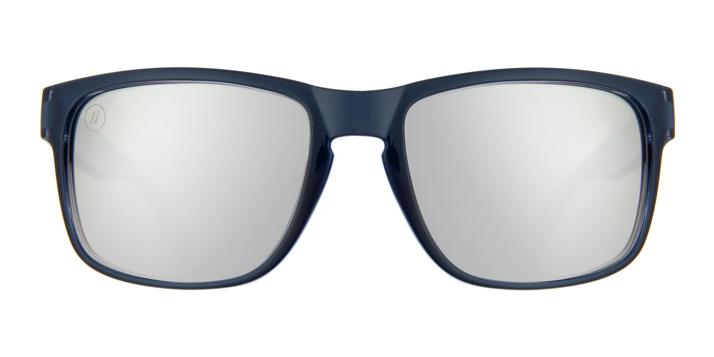 Ironbound Polarized Sunglasses - Navy Blue Wraparound Frame & Silver Mirror Lens