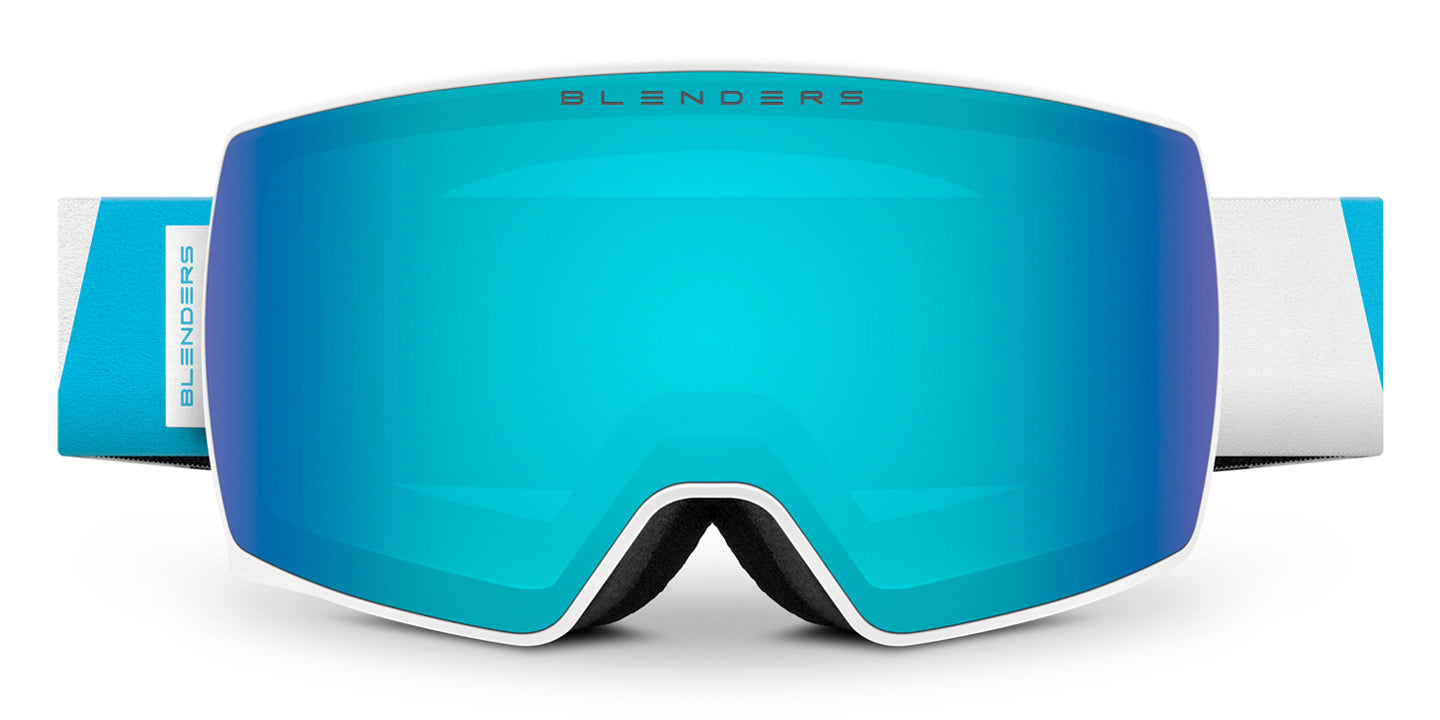 Smooth Arrival | Nebula Snow Goggles - Matte White Frame with Blue & White Strap & Blue Lens Snow Goggles | $120 US | Blenders Eyewear