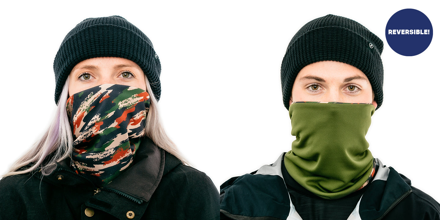 Camo/Olive Neck Gaiter - Mesh Knit Reversible Face Mask Snow Accessories | $25 US | Blenders Eyewear