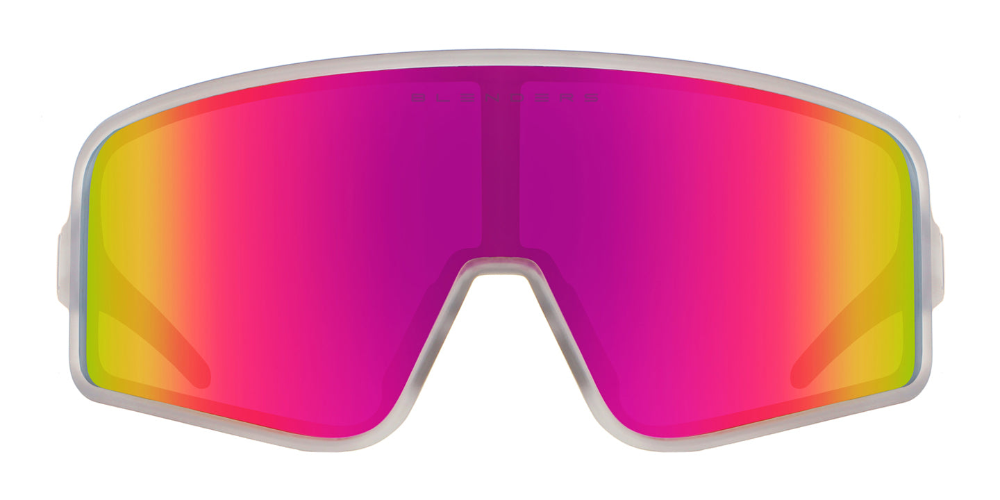 Platinum Sky Wrap Around Sunglasses - Polarized Full Shield Pink Lens & Satin Metallic Silver Frame Sunglasses | $58 US | Blenders Eyewear
