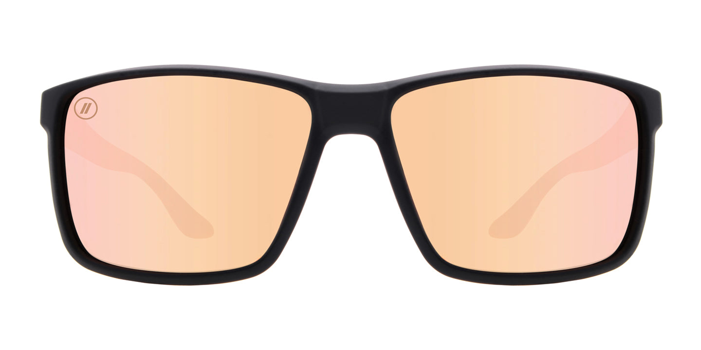 Punchline Polarized Sunglasses - Black Rubber Square Wrap Around Frame & Champagne Mirror Lens